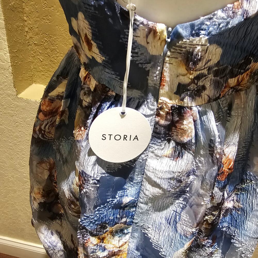 Storia Floral Jacquard Mini Dress S One Shoulder Bow Fit & Flare NWT Cottagecore - Picture 5 of 15